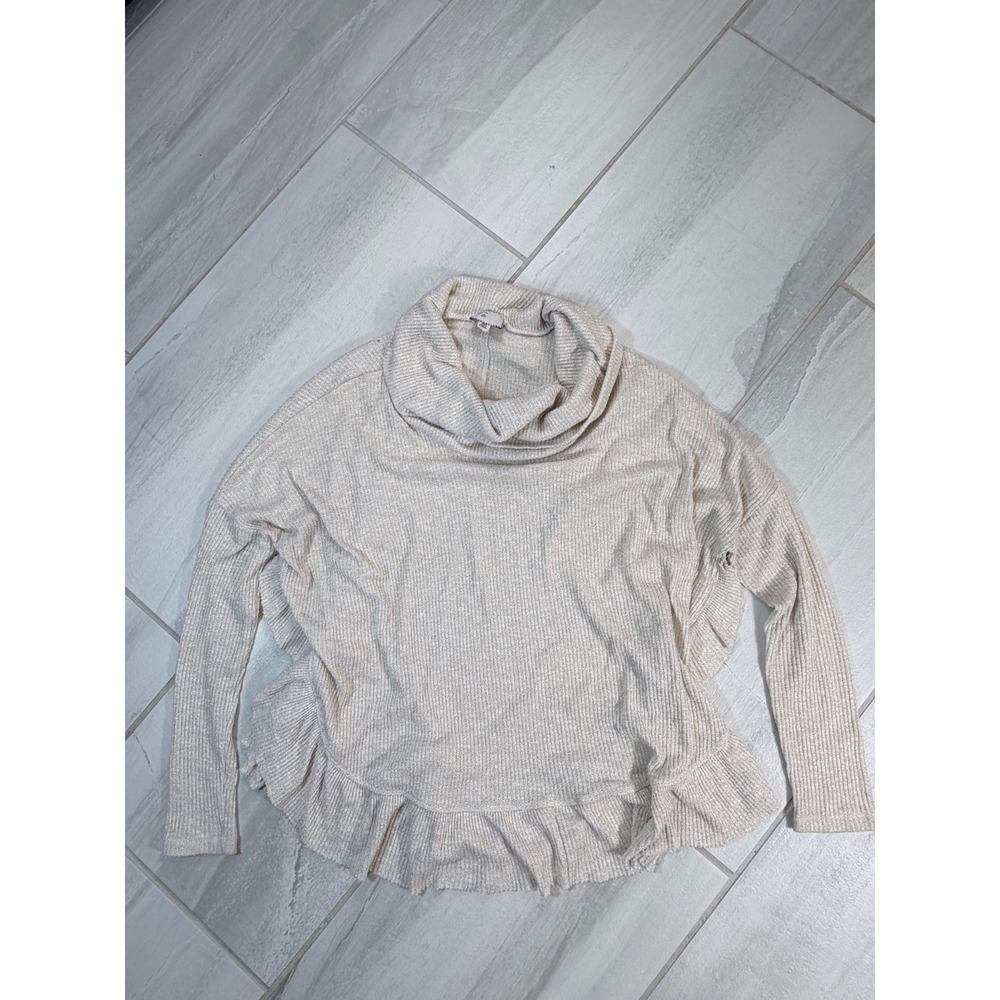 Anthropologie Postmark Cream Gold Metallic Ruffle Hem Cowl Neck Sweater XS/S